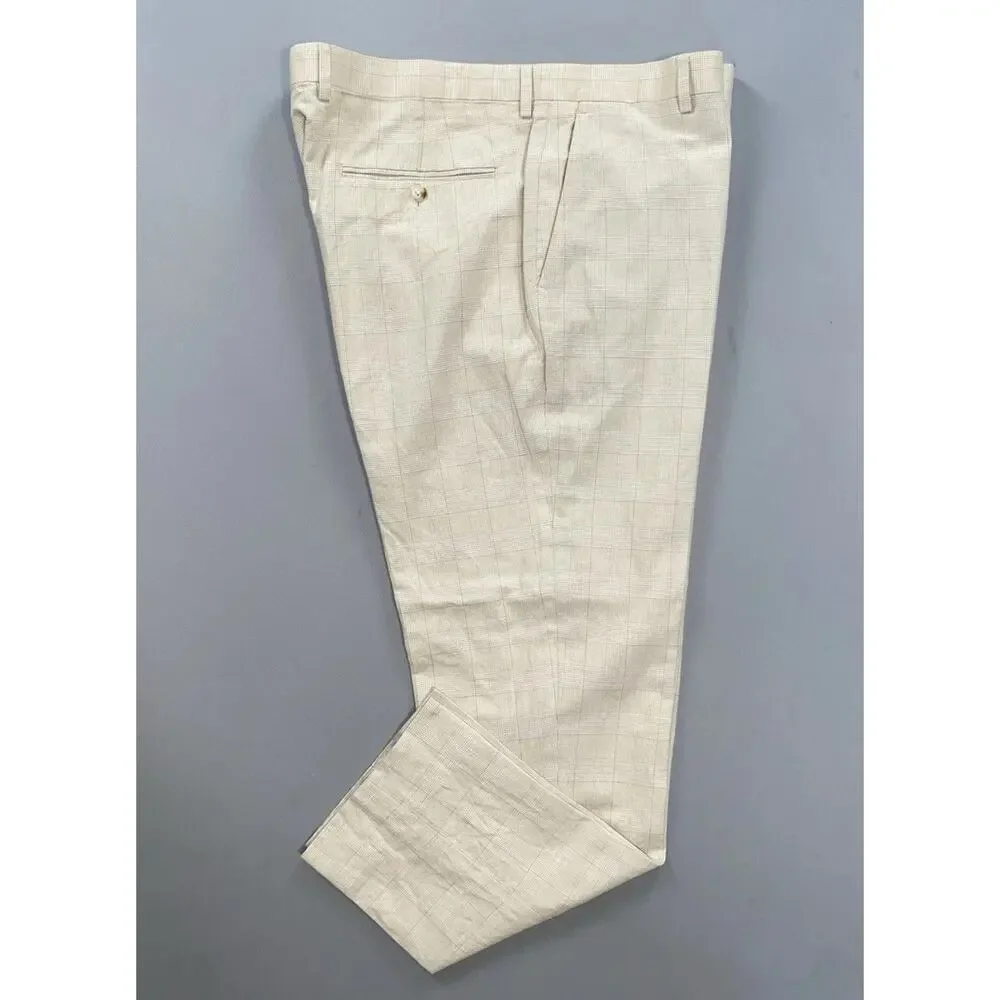 J Crew Ludlow Flat Front Baird McNutt Irish Linen Blend Pants. Ivory Plaid 35X30
